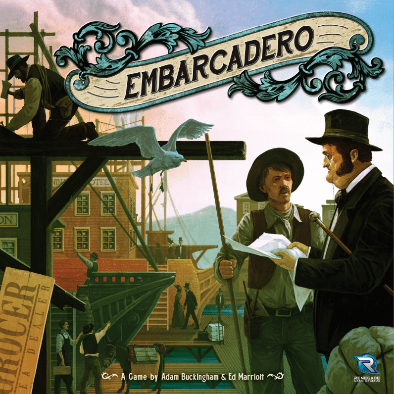 The illustrated cover of Embarcadero by Renegade Game Studios depicts 19th-century San Francisco dockworkers, businessmen, ships, and buildings. In the foreground, two men in hats examine papers beneath a soaring seagull in this Gold Rush board game.