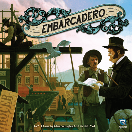 The illustrated cover of Embarcadero by Renegade Game Studios depicts 19th-century San Francisco dockworkers, businessmen, ships, and buildings. In the foreground, two men in hats examine papers beneath a soaring seagull in this Gold Rush board game.