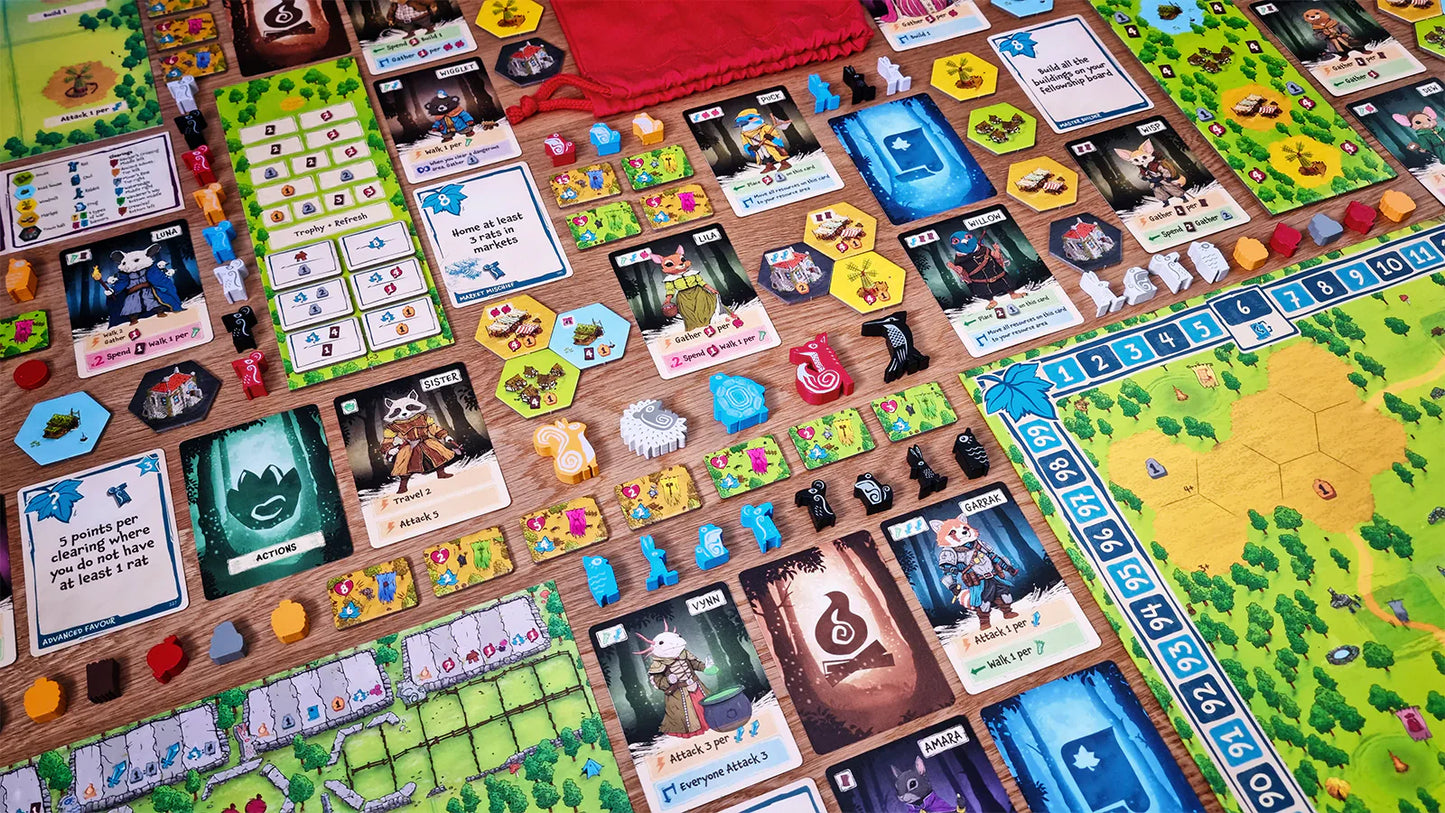 Emberleaf by The City of Games is a vibrant engine-building board game with animal-themed cards, tokens, meeples, and boards. A blue score track lines the edge, while a red drawstring bag stores extra components.