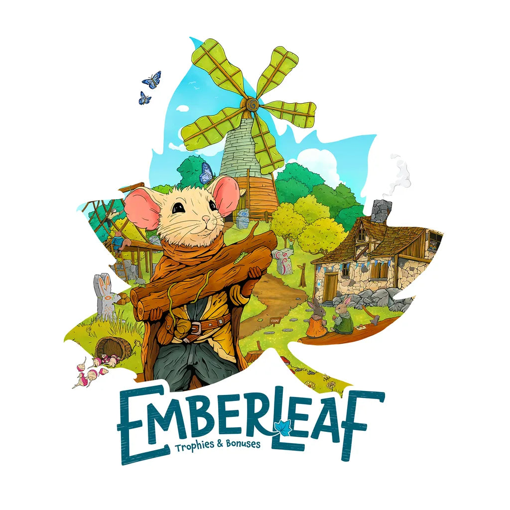 A mouse adventurer stands before a windmill and cottages, framed by a green leaf. Below, “Emberleaf: Trophies & Bonuses Expansion” by The City of Games highlights new trophies and score bonuses for your board game.