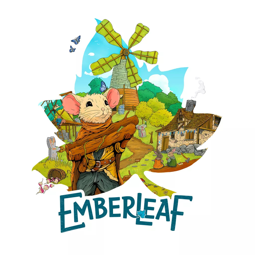 A cheerful cloaked mouse stands before a windmill and village, surrounded by woodland animals in a leaf shape, capturing the whimsical charm of The City of Games’ tile-placement game EMBERLEAF, written below in bold blue letters.
