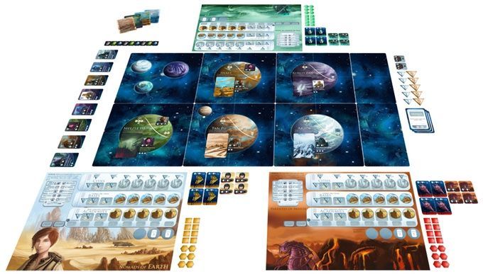 Empires of the Void II by Red Raven Games features a space-themed setup with modular tiles, resource tokens, player boards, cards, and colorful markers arranged for several players in this strategic sci-fi board game.