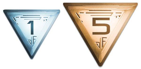Two triangular tokens from Red Raven Games’ Empires of the Void II: a small blue token labeled “1” and a larger bronze token labeled “5,” both with geometric designs and a stylized “F” at the bottom.