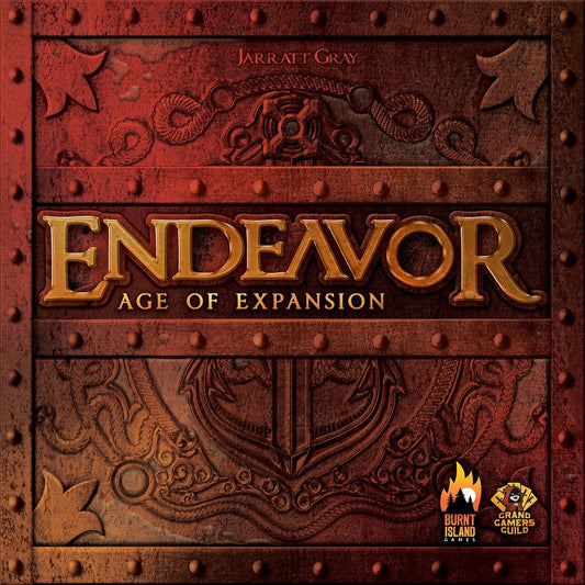 The cover of Endeavor: Age of Expansion by Burnt Island Games features gold embossed text on a bronze, riveted background, along with ornate details and the brand's logo.