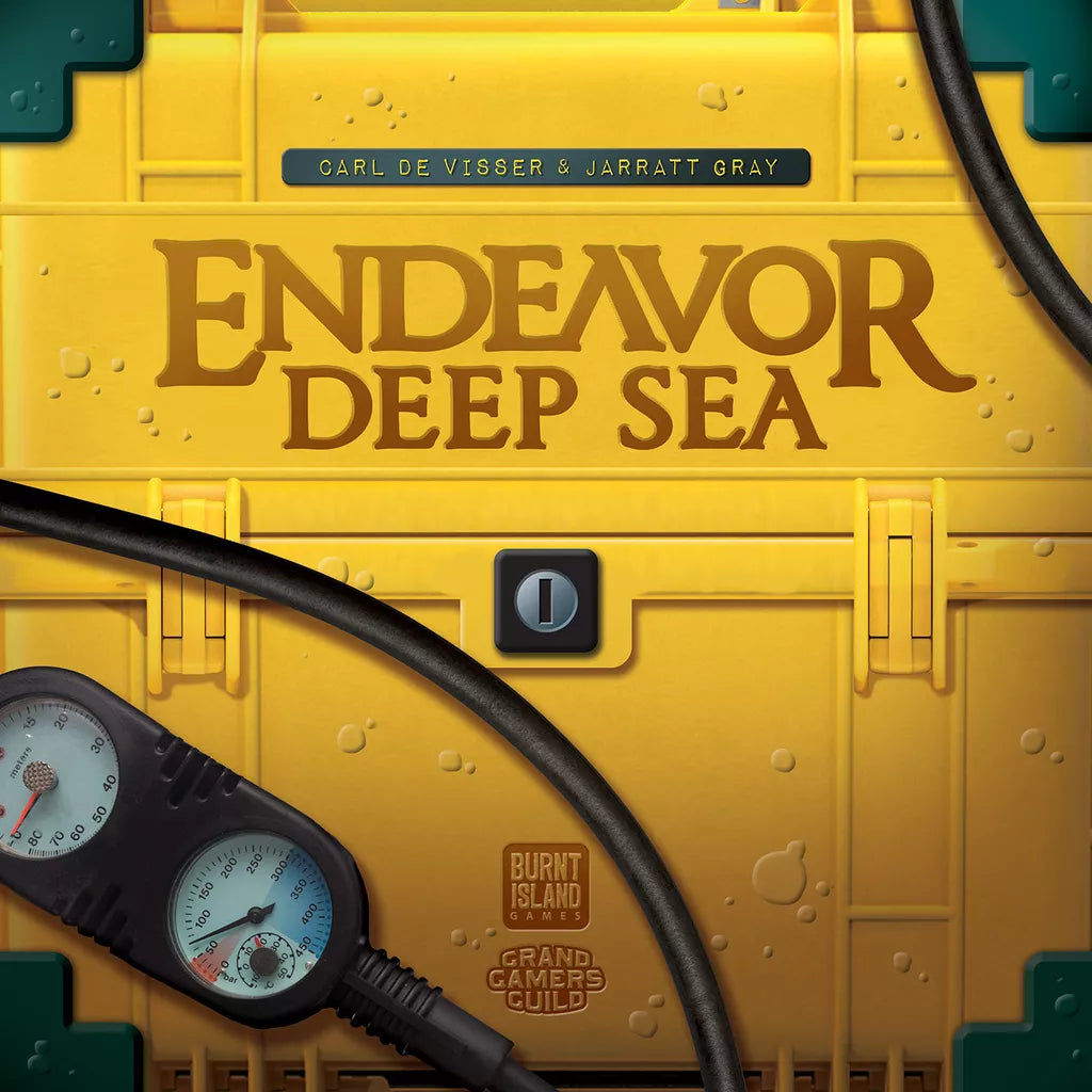 A yellow case labeled "Endeavor: Deep Sea" by Burnt Island Games rests near a pressure gauge and black cable, with water droplets hinting at sustainable ocean exploration. Names “Carl de Visser & Jarratt Gray” appear above.
