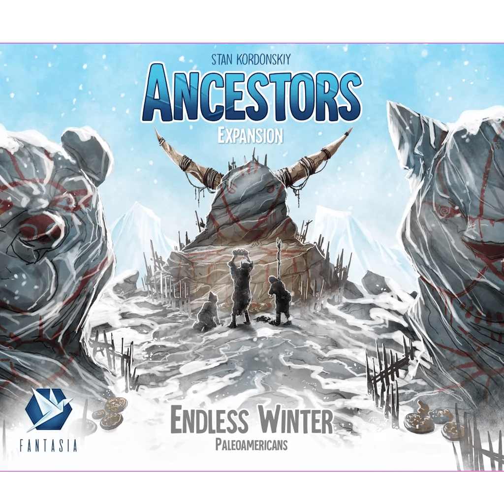 The game box for Endless Winter: Ancestors Expansion by Fantasia Games features two large, red-marked bear statues framing a snowy scene with three people confronting a horned stone figure.