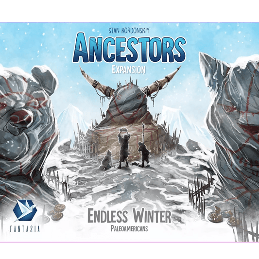 The game box for Endless Winter: Ancestors Expansion by Fantasia Games features two large, red-marked bear statues framing a snowy scene with three people confronting a horned stone figure.