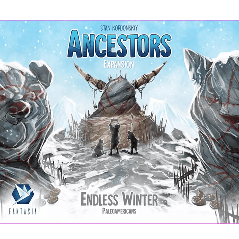 The cover art for Endless Winter: Paleoamericans Bundle 2 by Fantasia Games shows two people facing a colossal snow-covered bear monument, framed by ice, snow, and large bear heads in this epic deck-building and worker placement adventure.