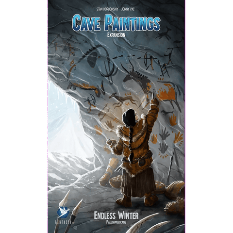 A person in fur clothing paints animals and handprints on a cave wall among ancient art. The title reads Endless Winter: Paleoamericans Bundle 2 by Fantasia Games—a deck building and worker placement adventure.