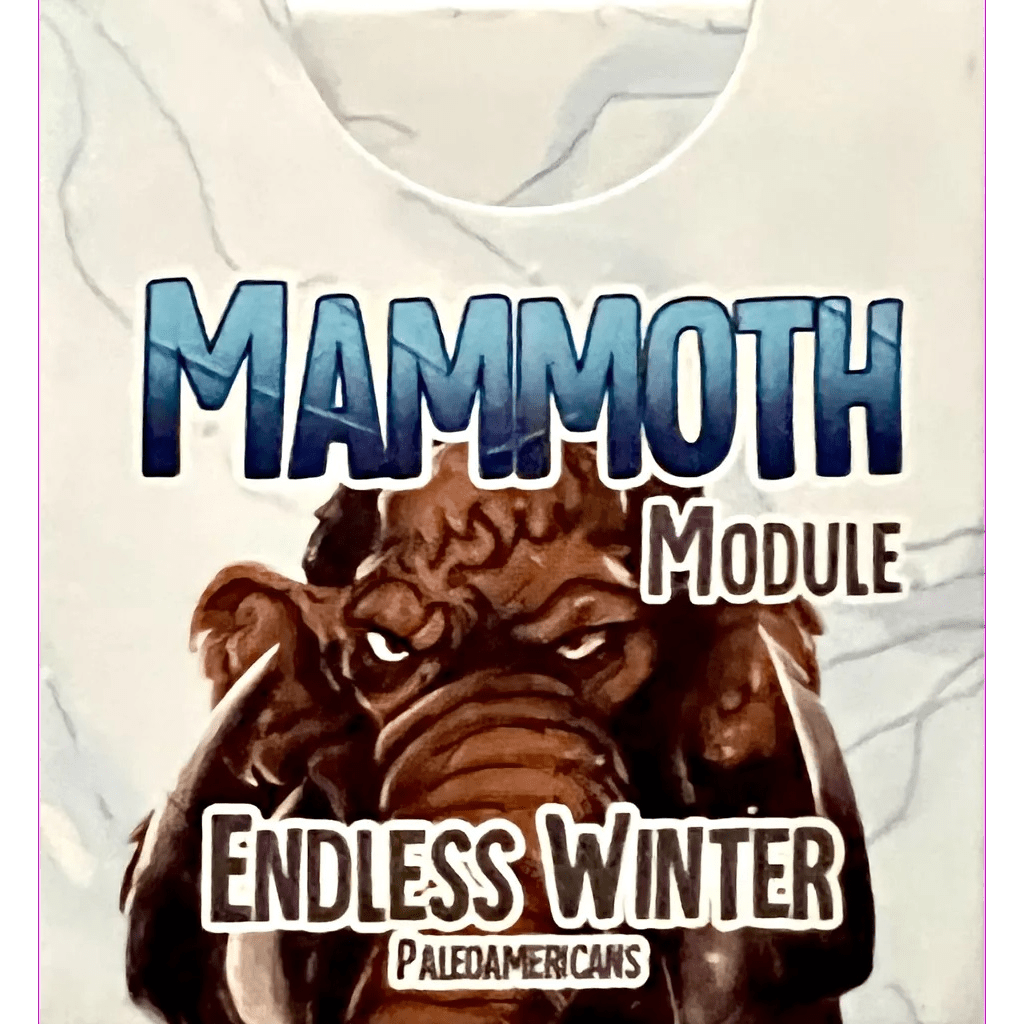 The illustrated cover for Fantasia Games’ Endless Winter: Mammoth Module board game expansion displays a bold blue and white title above a close-up drawing of a mammoth's face.