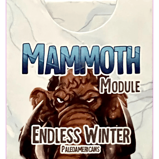 The illustrated cover for Fantasia Games’ Endless Winter: Mammoth Module board game expansion displays a bold blue and white title above a close-up drawing of a mammoth's face.