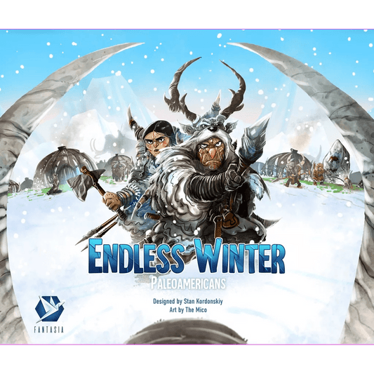 Two fierce figures in fur-lined winter gear stand in the snow with mammoths and people behind them. Text reads: Endless Winter: Paleoamericans by Fantasia Games—a deck-building and worker placement board game adventure.