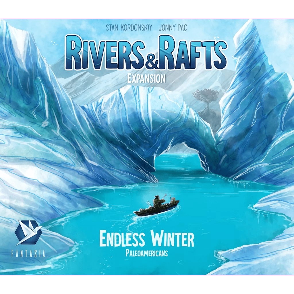 A person paddles a canoe through icy blue waters past glaciers under a cloudy sky. Text: “Endless Winter: Rivers & Rafts Expansion by Fantasia Games—add river terrain tiles to your game!”.
