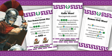 A Roman soldier in armor stands beside three game cards—First Roman-Jewish War, Gallic Wars!, and Roman Civil Wars!—each detailing events from Enemies of Rome, a 2-5 player strategy board game by Worthington Publishing.