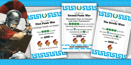 A Roman soldier stands left beside three Enemies of Rome game cards by Worthington Publishing, each highlighting ancient wars—First Punic War, Second Punic War, Servile Wars—with vivid icons, text, and gameplay instructions.