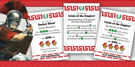 Three illustrated cards from Worthington Publishing’s Enemies of Rome board game feature dramatic Roman Empire events with detailed helmet and sword icons—ideal for any Roman history strategy game fan.