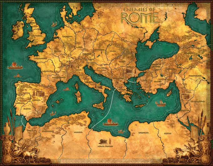Enemies of Rome" by Worthington Publishing: a vintage-style map of Europe, North Africa, and the Middle East with labeled ancient regions—ideal for board game fans and Roman history strategy gamers.