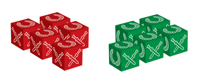 Twelve dice—six red, six green—each featuring white images of a curved dagger and coiled snake are displayed against a white background, making perfect accessories for Worthington Publishing’s Enemies of Rome board game.