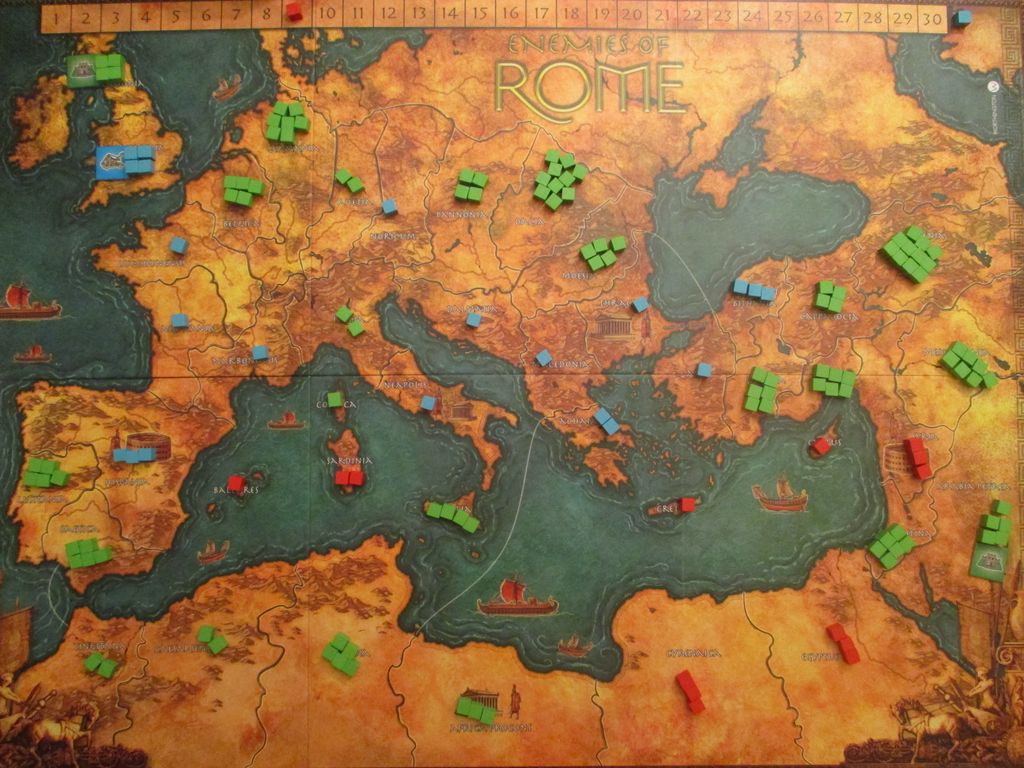 Enemies of Rome by Worthington Publishing is a 2-5 player Roman history strategy game with a map of Europe, North Africa, and the Mediterranean Sea, colorful wooden pieces on regions, and a scoring track along the top edge.