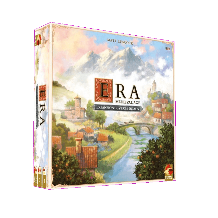 The Era: Medieval Age Rivers & Roads Expansion by Eggert Spiele features a box with a medieval landscape of mountains, rivers, bridges, and buildings—an ideal addition for fans of this roll-and-build game.