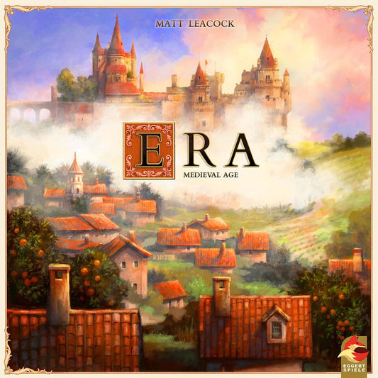 Board game cover for Era: Medieval Age by Eggert Spiele, a vibrant game showing a lively medieval village with red-roofed houses, lush greenery, and a grand castle on a hill under a bright sky.