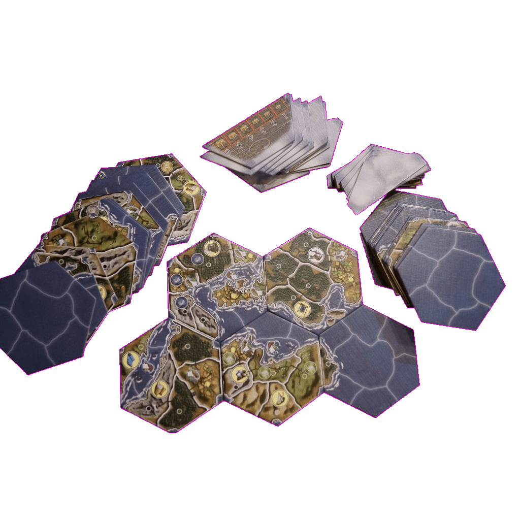 Era of Tribes: Modular Board Expansion by Black Beacon Games features hex tiles with terrain and ocean designs arranged centrally like a 4X game, surrounded by more tiles and cards, all on a white background.