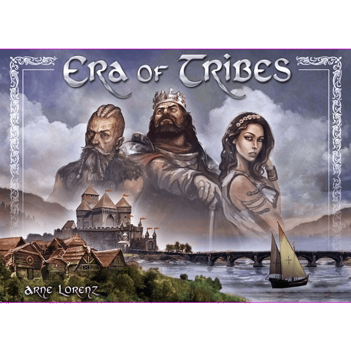 Box cover art for Era of Tribes by Black Beacon Games shows illustrated figures—a king, warrior, and woman—overlooking a medieval village, castle, and river with sailboat; ornate border frames the scene with the title at the top.