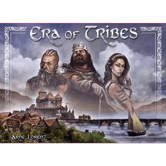 Box cover art for Era of Tribes by Black Beacon Games shows illustrated figures—a king, warrior, and woman—overlooking a medieval village, castle, and river with sailboat; ornate border frames the scene with the title at the top.