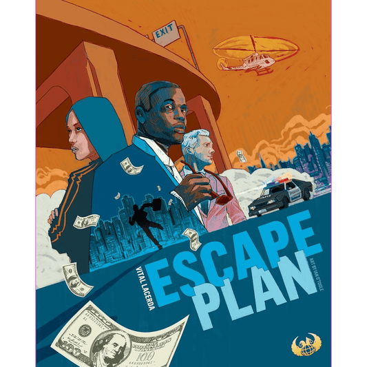 Illustrated cover for Escape Plan by Eagle-Gryphon Games, with three serious figures, flying money, police car, helicopter, city skyline, and a bold EXIT sign set against an orange sky.