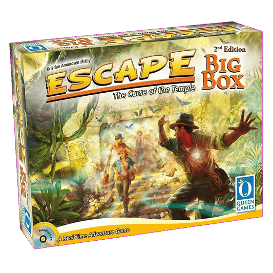 Box for Escape: The Curse of the Temple: Big Box Second Edition EN/DE by Queen Games, showing adventurers fleeing a jungle temple in this cooperative real-time board game. The Queen Games logo appears at the bottom right.