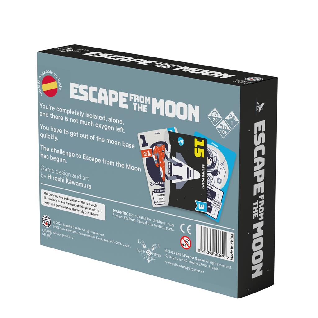 The back of Escape from the Moon by Salt & Pepper Games displays astronaut cards, outlines oxygen survival challenges, and provides information about the game designer, Hiroshi Kawamura.