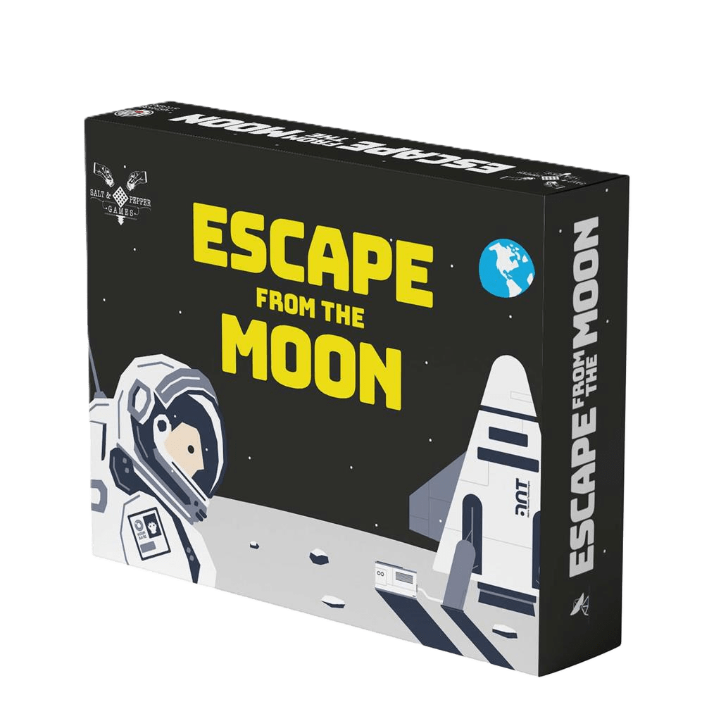 Box for Salt & Pepper Games’ Escape from the Moon shows an astronaut on the gray lunar surface with a spacecraft and Earth beyond. Bold yellow and white text highlights this oxygen survival adventure.