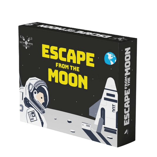 Box for Salt & Pepper Games’ Escape from the Moon shows an astronaut on the gray lunar surface with a spacecraft and Earth beyond. Bold yellow and white text highlights this oxygen survival adventure.