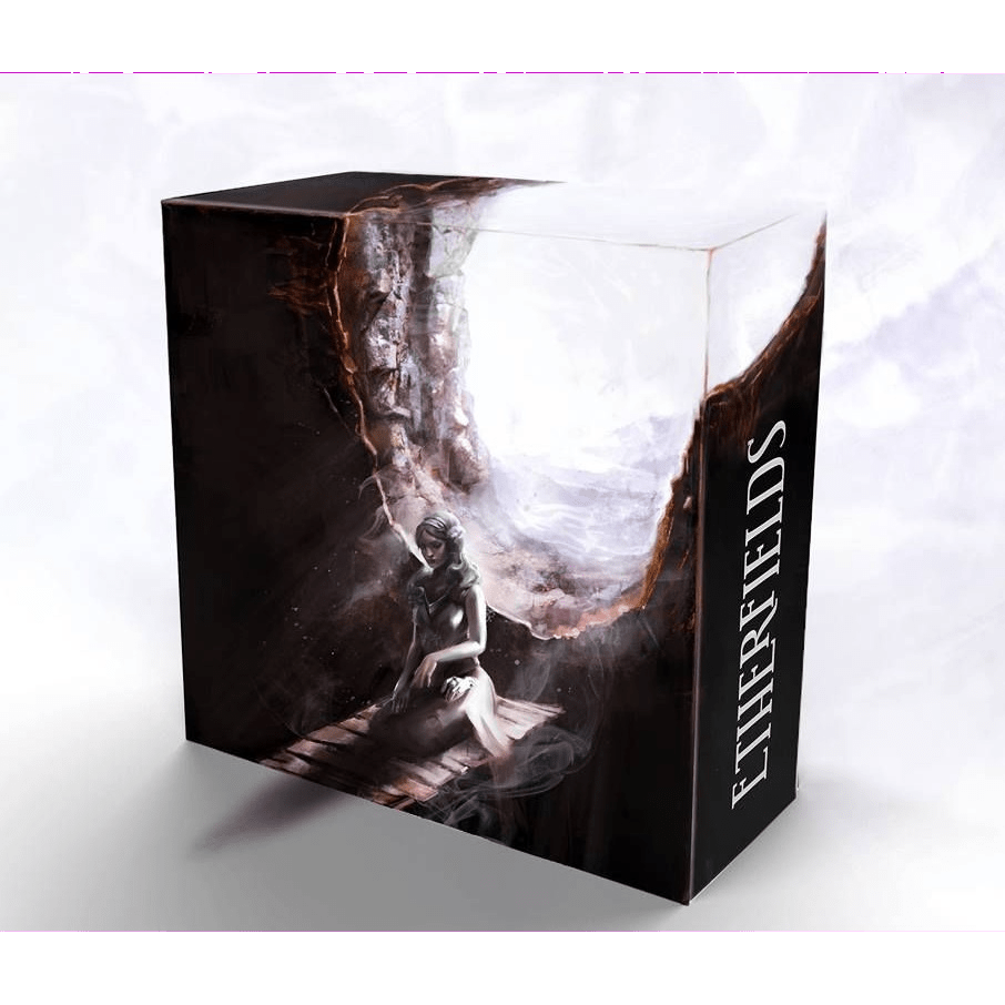 A box with dark, atmospheric artwork depicts a seated figure beneath a glowing hole. Bold white "Etherfields" branding by Awaken Realms hints at narrative cooperative gameplay inspired by surreal dreams.