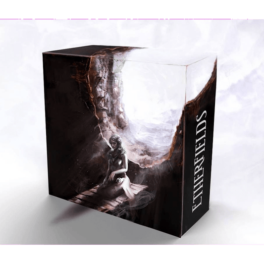 A box with dark, atmospheric artwork depicts a seated figure beneath a glowing hole. Bold white "Etherfields" branding by Awaken Realms hints at narrative cooperative gameplay inspired by surreal dreams.