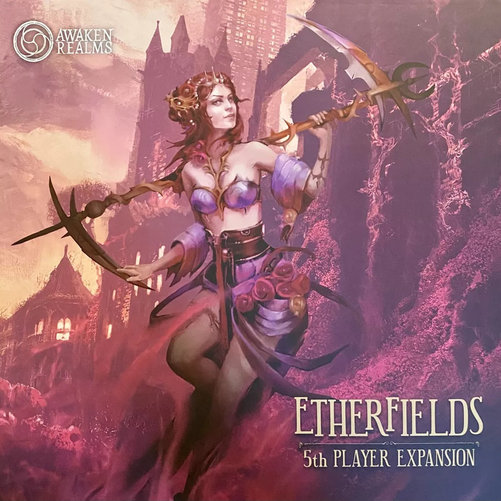 Box cover art for Etherfields: 5th Player Expansion by Awaken Realms, showing a warrior woman in ornate purple armor with twin spiked weapons, set before a mystical cityscape and the Reaper character in the background.
