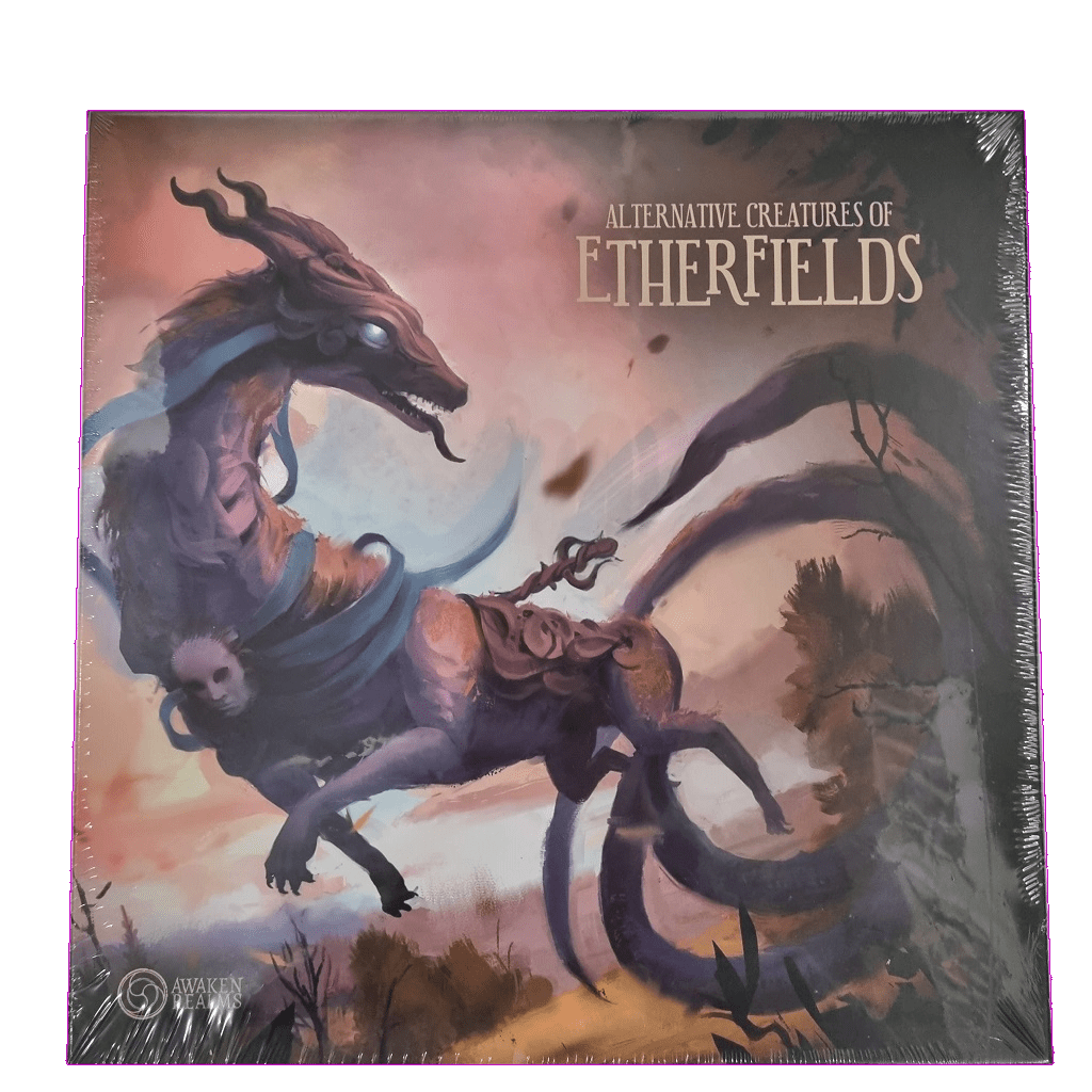 Box cover art for Awaken Realms' Etherfields: Alternative Creatures of Etherfields Add-on features a mystical horse-like figure with glowing eyes, twisting horns, and a flowing blue scarf in a surreal landscape—perfect for model collectors.