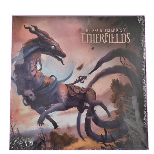 Box cover art for Awaken Realms' Etherfields: Alternative Creatures of Etherfields Add-on features a mystical horse-like figure with glowing eyes, twisting horns, and a flowing blue scarf in a surreal landscape—perfect for model collectors.