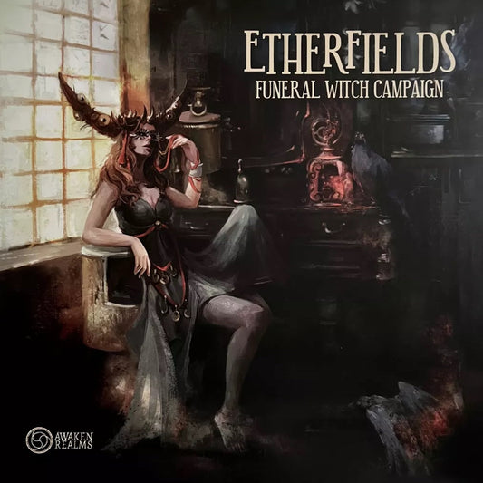 A woman in a dark dress with a horned headdress sits in a dim, gothic room with vintage furniture. The top right displays "Awaken Realms" and "Etherfields: Funeral Witch Campaign Expansion.