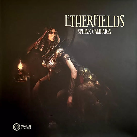 A striking image of a warrior woman in ancient armor beside an oil lamp is framed by labyrinth tiles on a dark backdrop. The text reads "Etherfields: Sphinx Campaign Expansion" with the Awaken Realms logo in the corner.