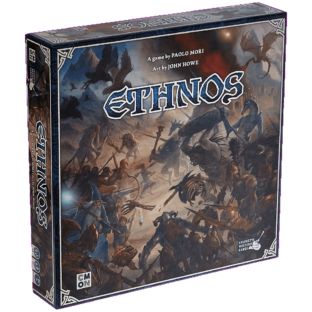 The Ethnos board game's box by Cool Mini Or Not displays bold “ETHNOS” lettering at the center, set against fantasy artwork depicting warriors, mythical creatures, and magic locked in epic battle.