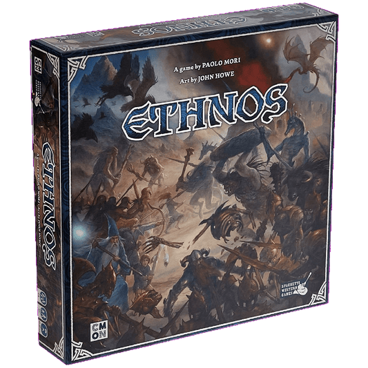 The Ethnos board game's box by Cool Mini Or Not displays bold “ETHNOS” lettering at the center, set against fantasy artwork depicting warriors, mythical creatures, and magic locked in epic battle.