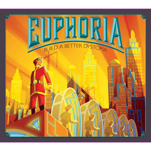 A stylized futuristic city glows gold as a red-clad figure stands confidently amid tall buildings, with the text "Euphoria: Build a Better Dystopia" evoking the world of Stonemaier Games’ board game.