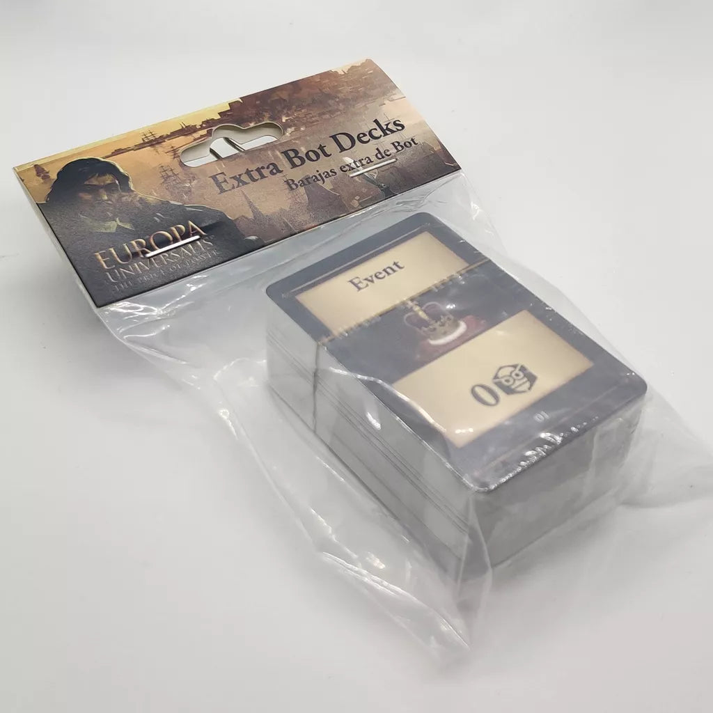 A sealed plastic package of Aegir Games' Europa Universalis: The Price of Power Extra Bot Deck shows minicards labeled "Extra Bot Decks" partially visible through the packaging.