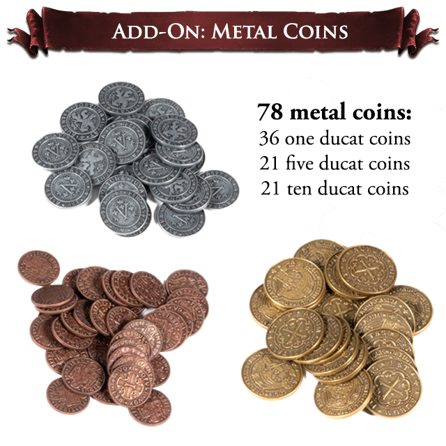 Three piles of Europa Universalis: The Price of Power Metal Coins by Aegir Games—silver, copper, and gold—are shown with text: “78 metal coins: 36 one ducat, 21 five ducat, 21 ten ducat.” A banner reads “Add-On: Metal Coins.”.