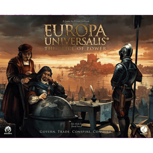 Three men in Renaissance armor overlook a bustling harbor at sunset. Europa Universalis: The Price of Power (Deluxe Edition) by Aegir Games—a grand 4X strategy board game. Tagline: Govern. Trade. Conspire. Conquer.