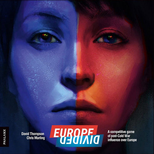 A digital illustration of a face split in cool blue and warm red, with "Europe Divided" text, reflects Cold War themes explored in the Europe Divided board game by Phalanx.
