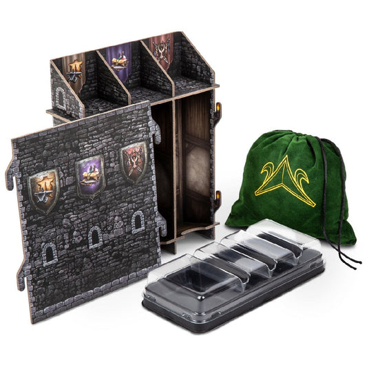 The Euthia: Torment of Resurrection Organizer by DIEA Games is a medieval-themed storage solution with castle-patterned cardboard, a green pouch with yellow design, and a black plastic tray featuring compartments and clear lids.