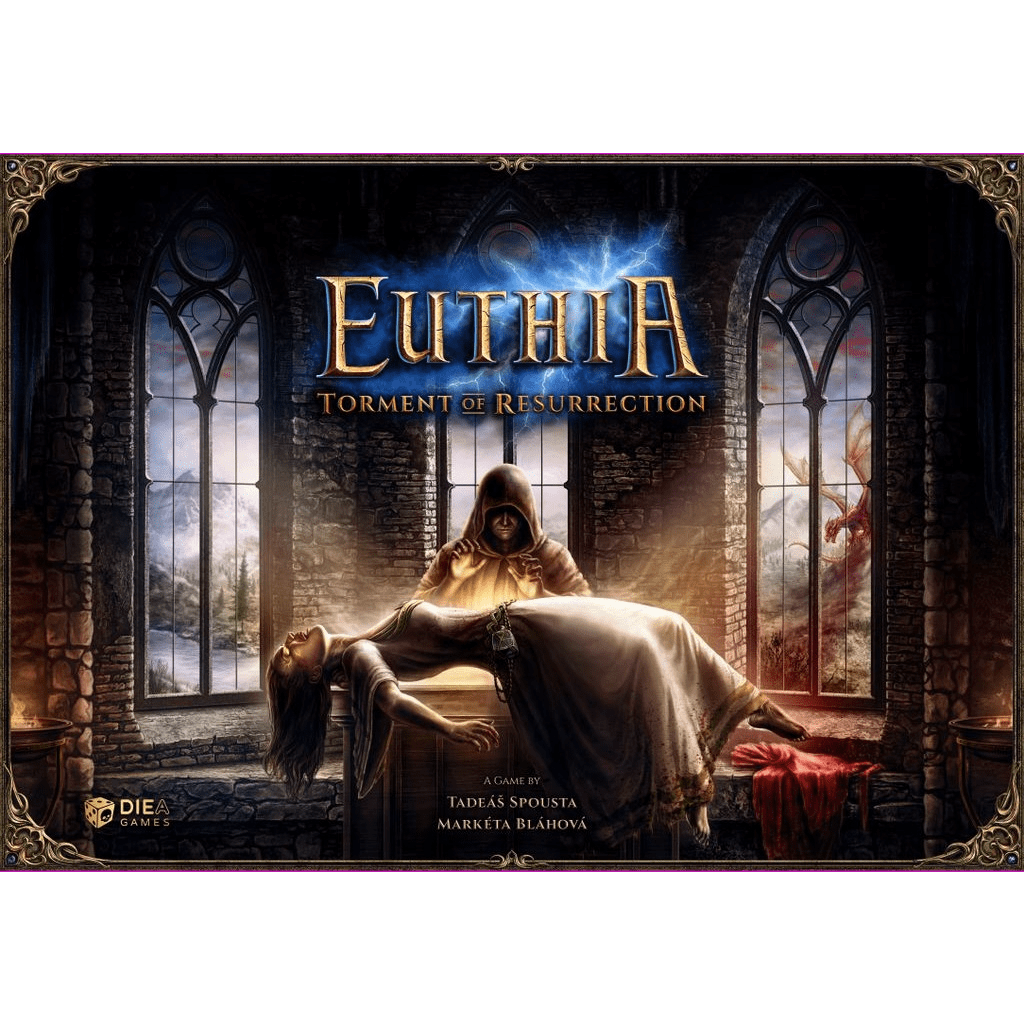In a dark, gothic chamber, a hooded figure stands over a woman on a stone altar as "Euthia: Torment of Resurrection (Kickstarter Edition-Miniature Pledge)" by DIEA Games glows above, promising an epic fantasy board game adventure.