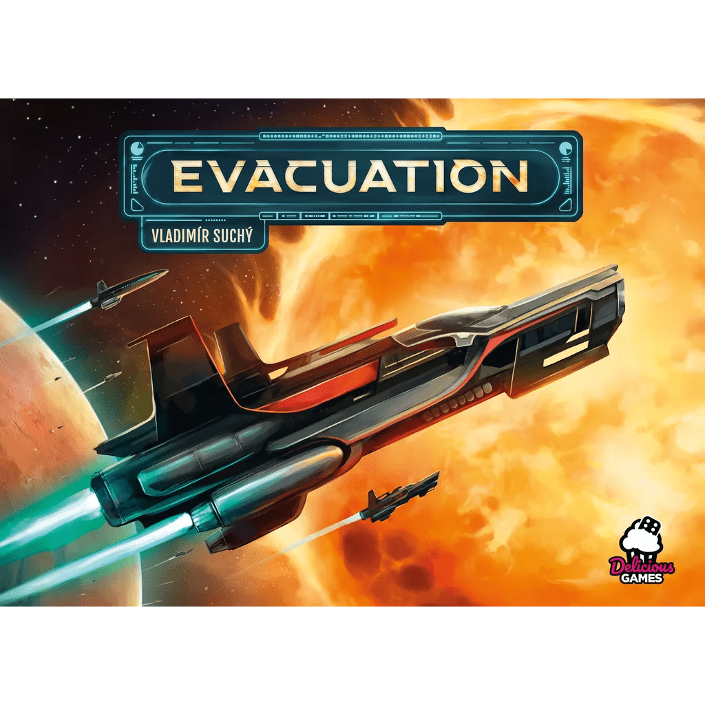 A futuristic spaceship approaches a planet and moon as a fiery orange star glows behind. "Evacuation" and "Vladimir Suchý" are above, introducing this sci-fi strategy game from Delicious Games, with their logo at the bottom right.